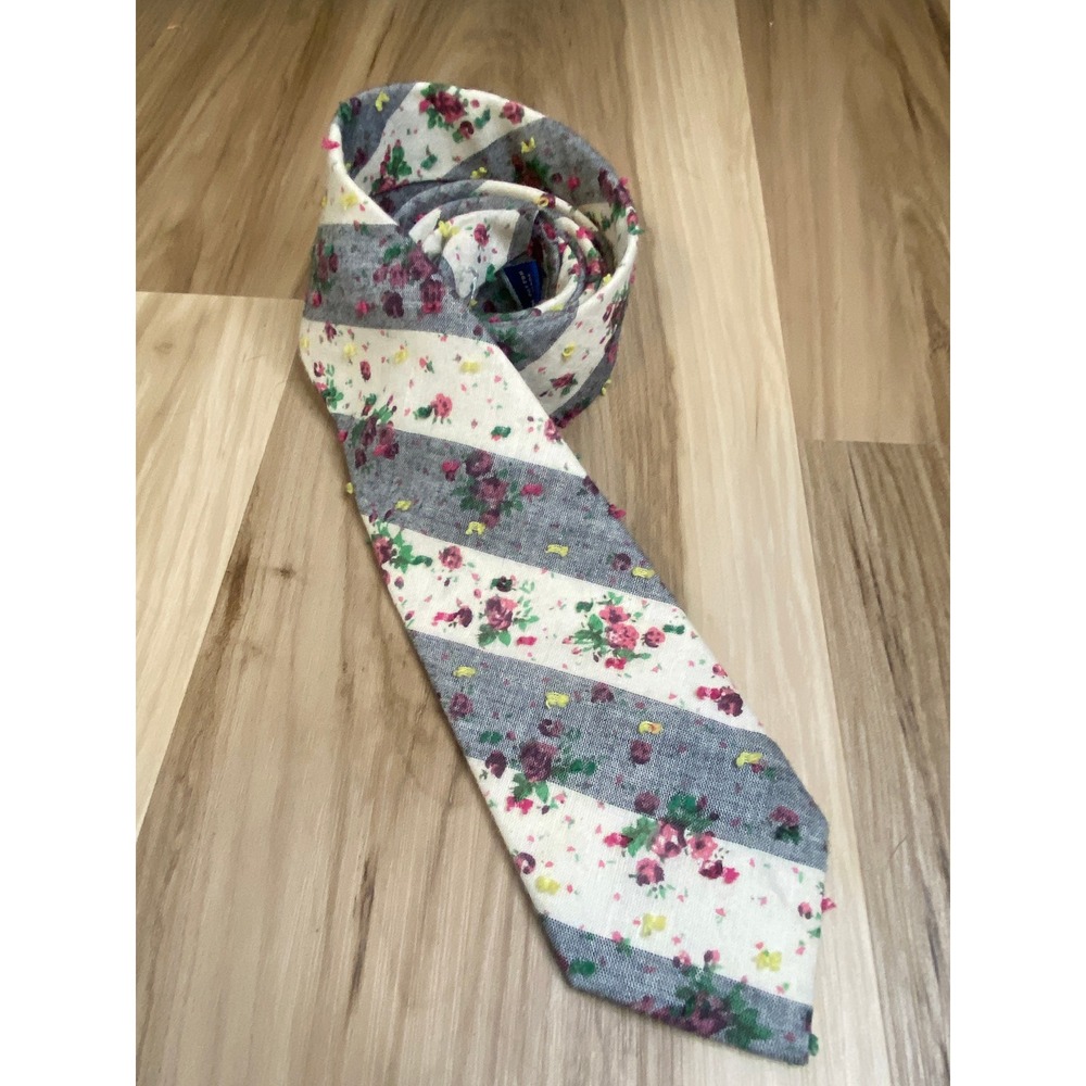 The Tie Bar Mens Cotton Floral Striped Necktie Gray White Pink Handmade 62 Inch